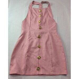 Sunfere Halter Mini Dress Womens Medium Pink New Gold Rose Button Open Back